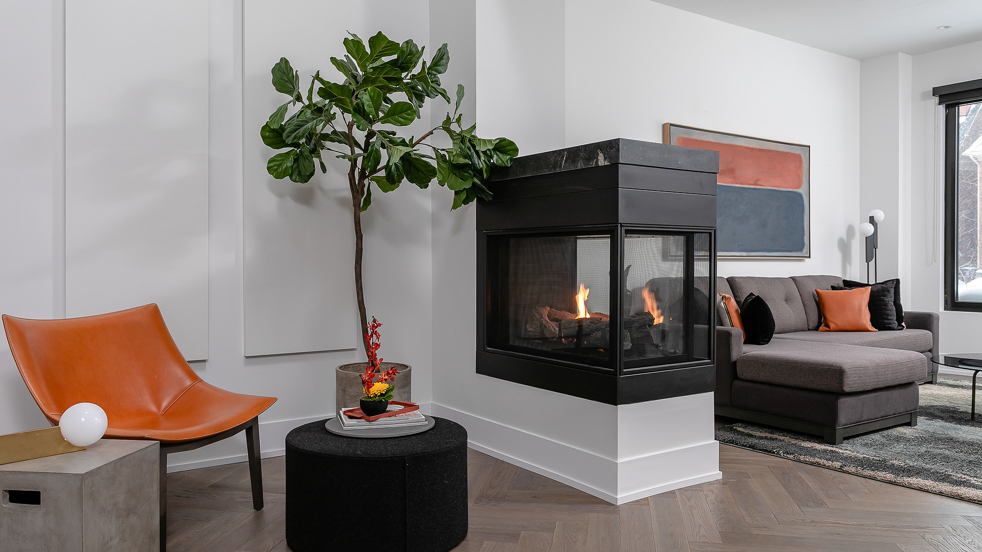 Three-sided gas fireplace with modern furniture in open living space