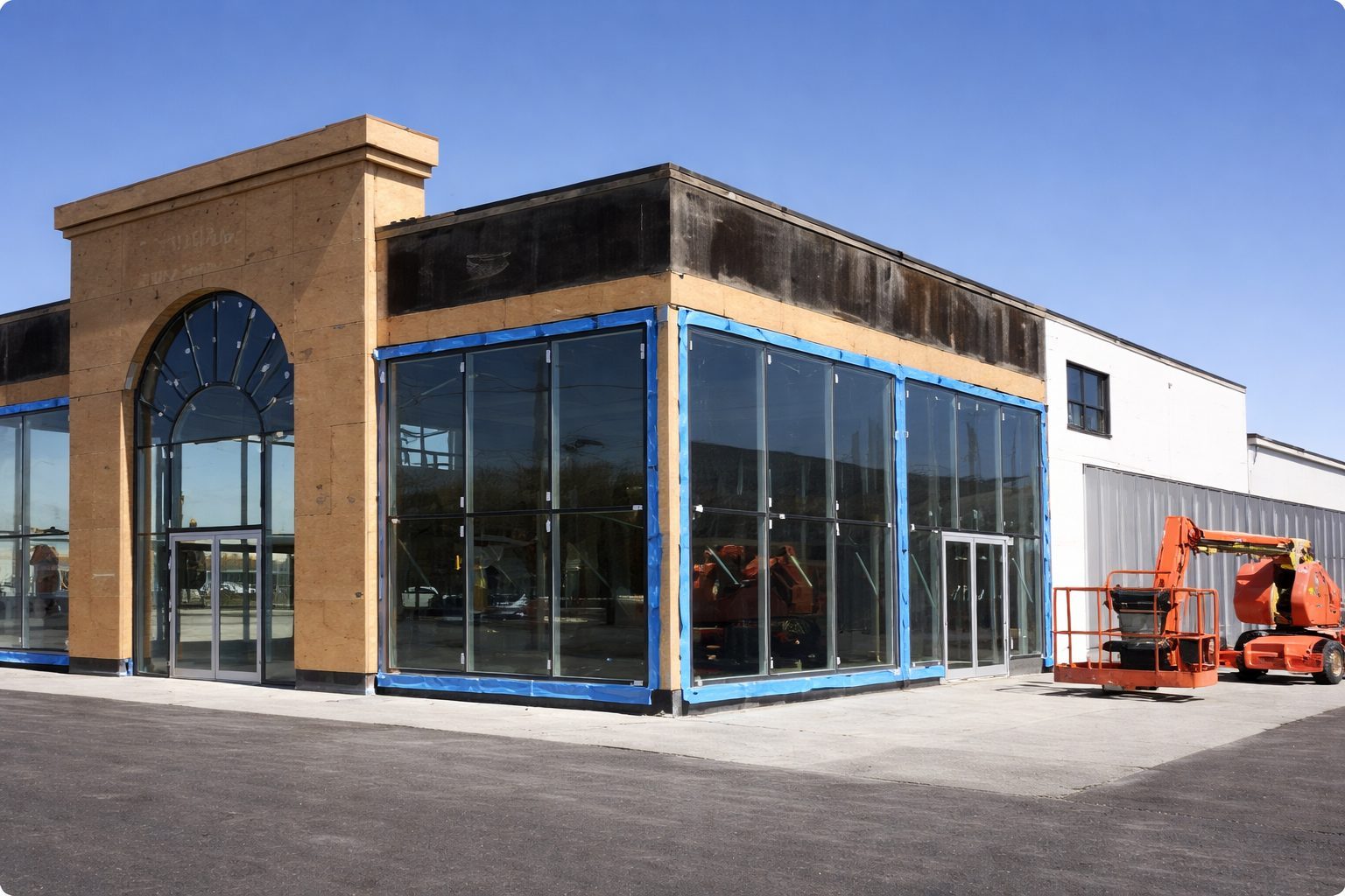 Dealership shell with blue weatherproofing tape around sealed glass storefront corner