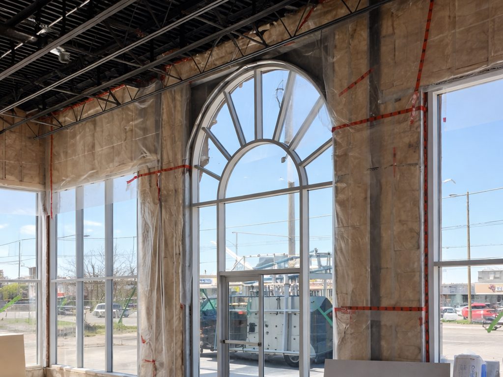 Interior view through arched entrance showing exposed steel trusses and vapour barrier
