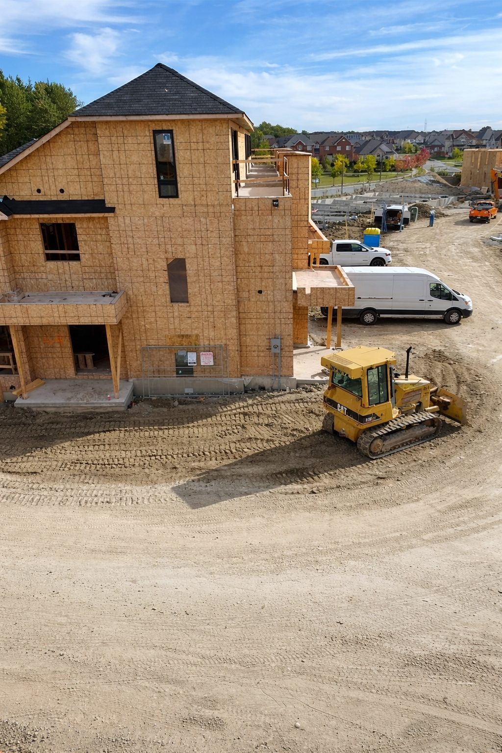 Custom home under construction with framing and bulldozer on site